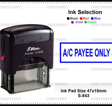 Self-inking office rubber stamp with an A/C PAYEE ONLY impression example