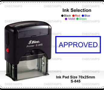 Self-inking office rubber stamp with an APPROVED impression example