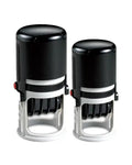 Black and silver self-inking stamp set with red accents.
