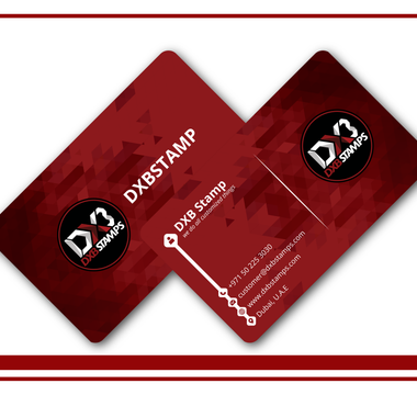 DXB Stamps branded business card, front and back