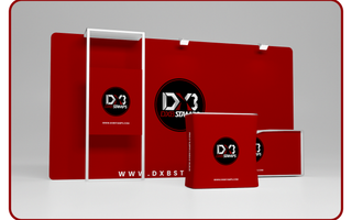 DXB Stamps branded exhibition booth mockup showing a roll-up banner, backdrop panel and printed literature stands used for Dubai trade show displays