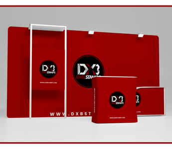 DXB Stamps branded exhibition booth mockup showing a roll-up banner, backdrop panel and printed literature stands used for Dubai trade show displays