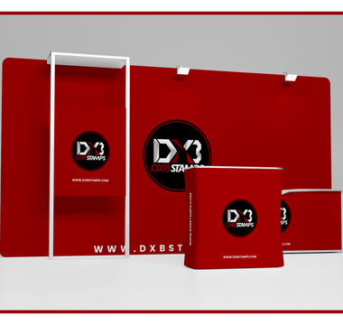 DXB Stamps branded exhibition booth mockup showing a roll-up banner, backdrop panel and printed literature stands used for Dubai trade show displays