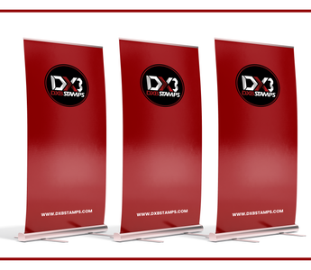 DXBStamps branded roll-up banner stands