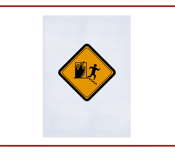 Orange fire-exit hazard warning sign with running figure icon