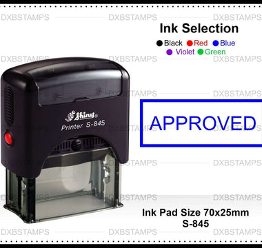 Self-inking office rubber stamp with an APPROVED impression example