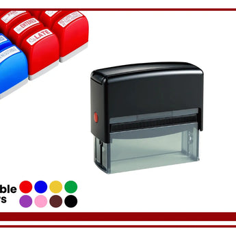 Black self-inking rubber stamp with clear window, multiple colors for office use