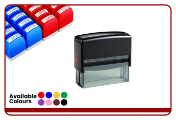 Black self-inking rubber stamp with clear window, multiple colors for office use