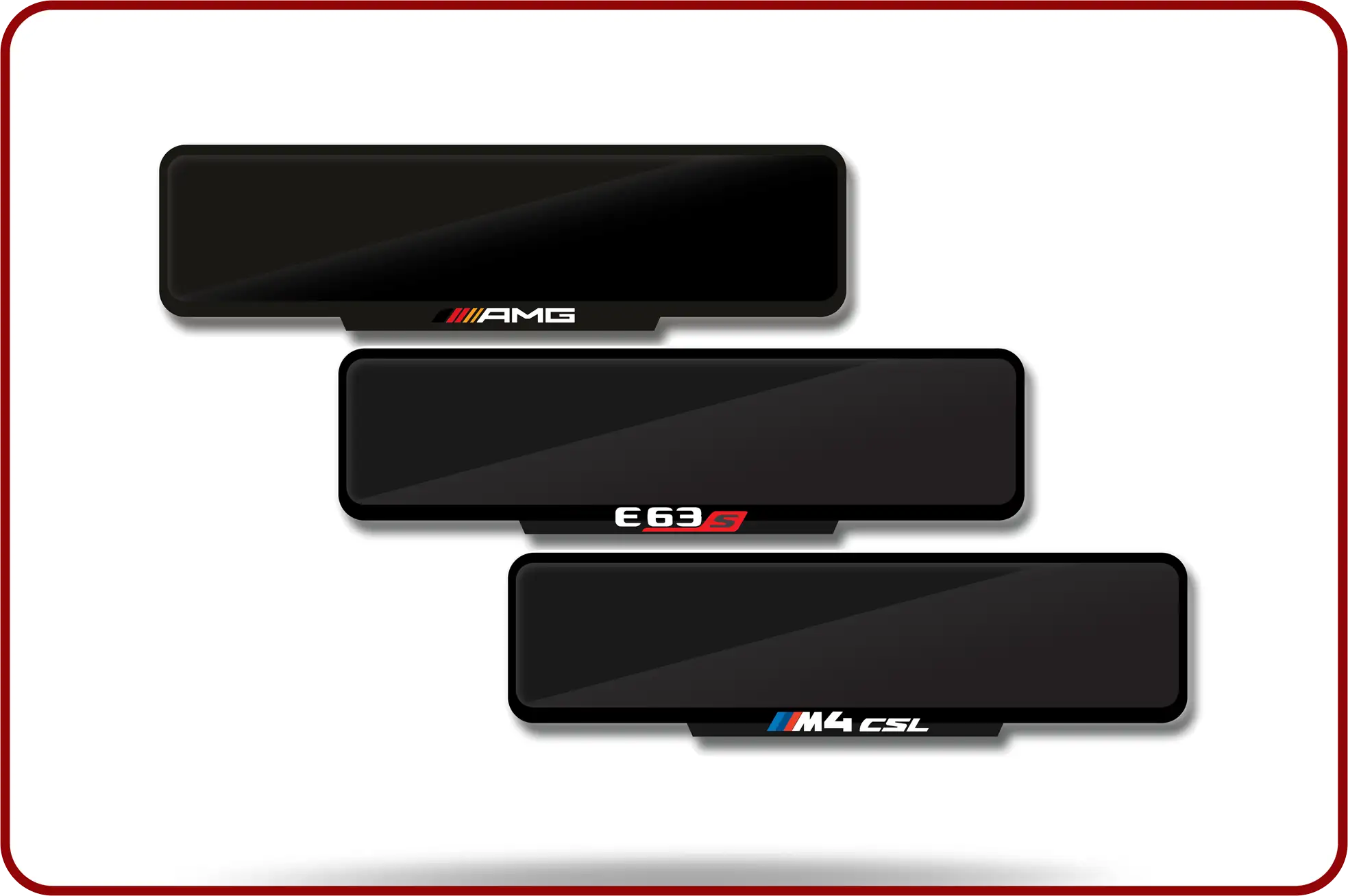Black rectangular car license plate covers with amg, e63 and m4 csl logos.