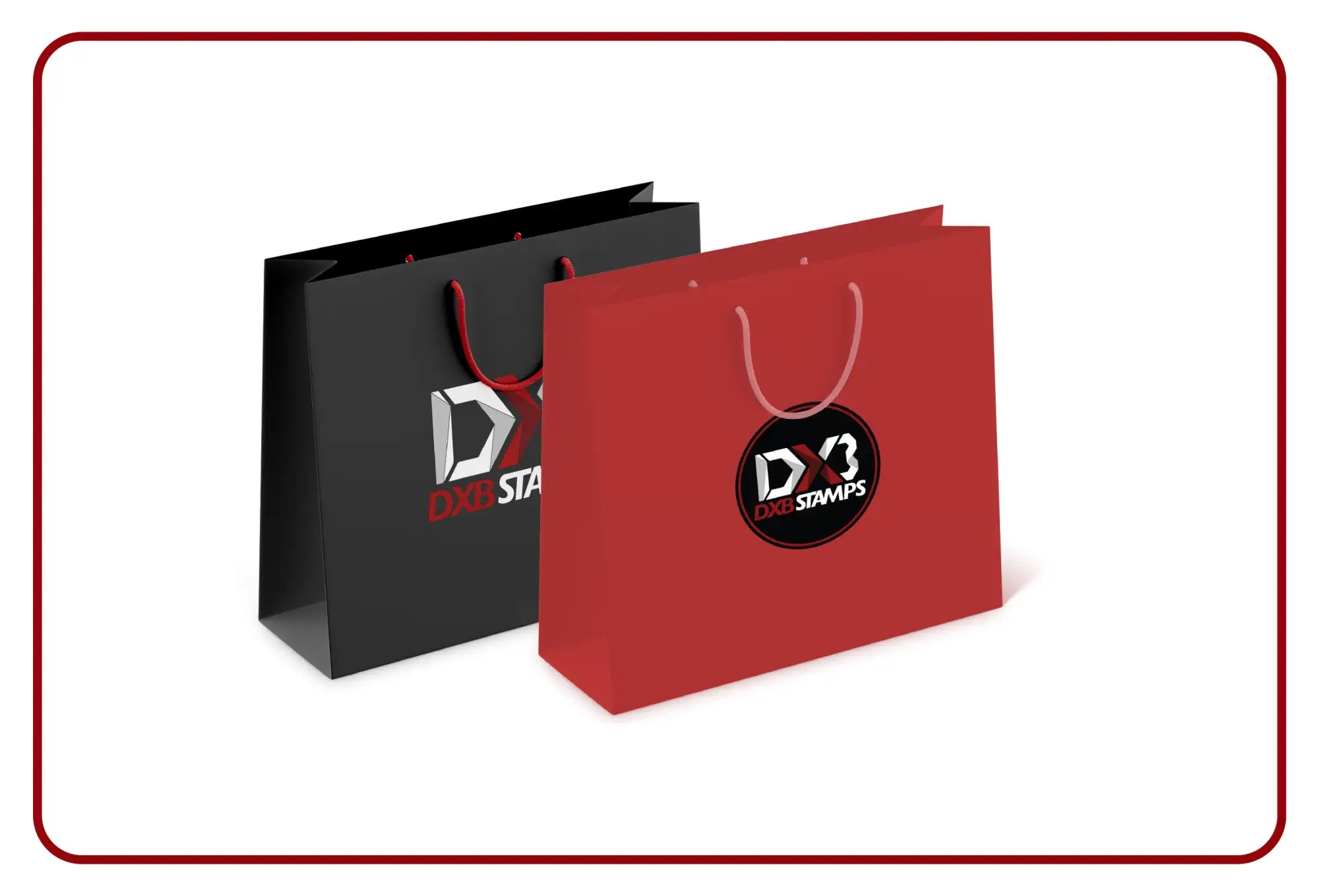 Black and red shopping bags with logo design, sturdy paper material.