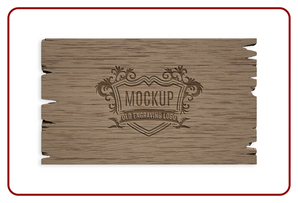 Wooden mockup with engraved old engraving logo on a white background