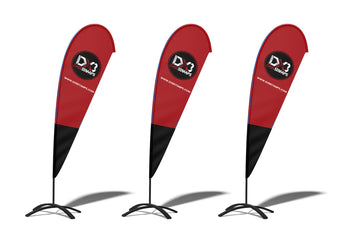 Red and black teardrop flag banner with logo design, durable fabric material.