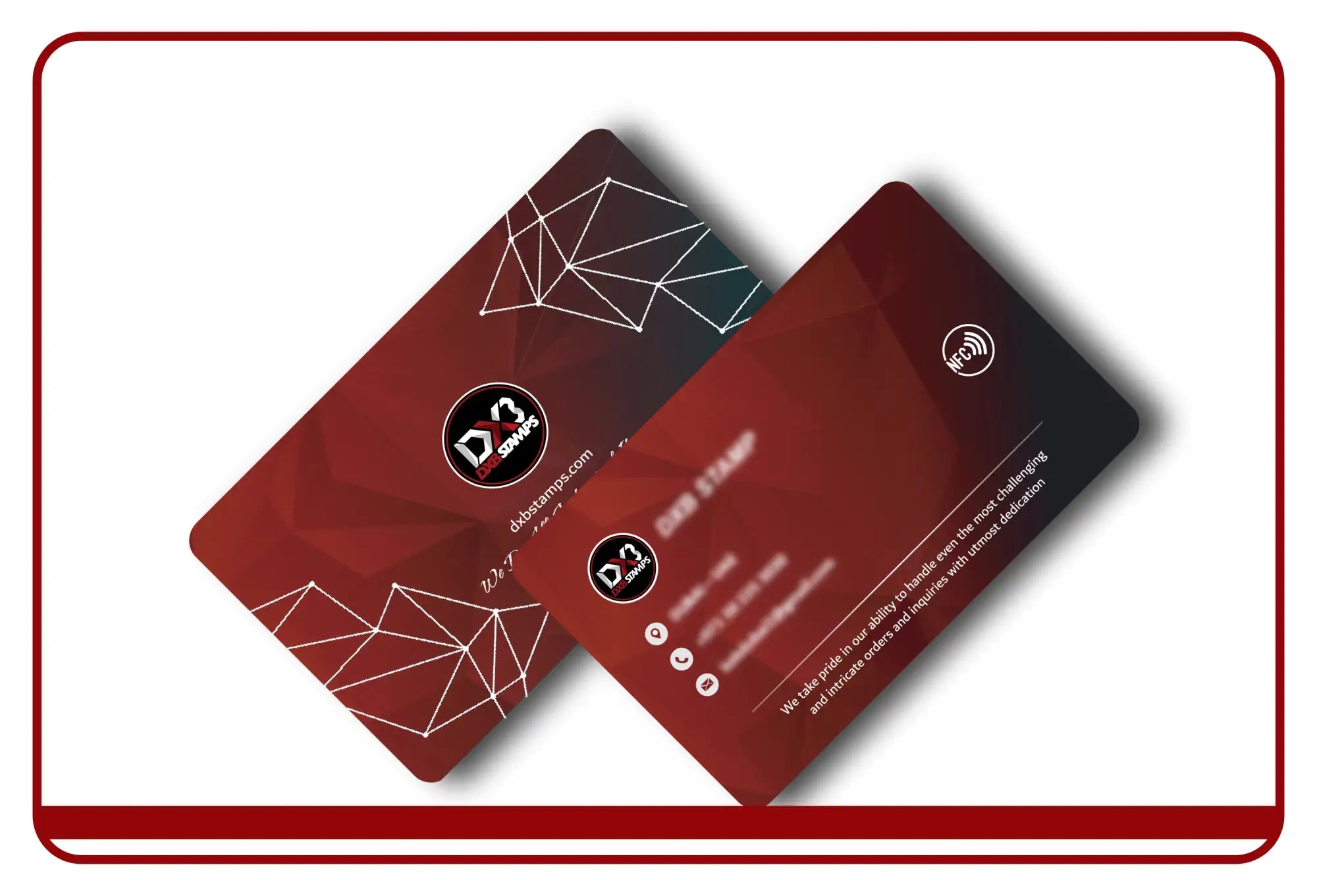 Red geometric business card with black and white design elements, glossy finish.