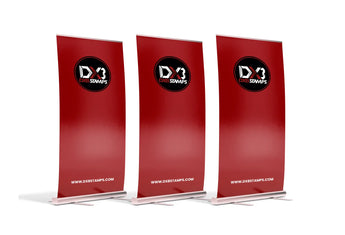 Red gradient pop-up banner stand with white frame and logo.