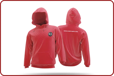 Red hoodie with white text and logo design, likely made of cotton or polyester blend.