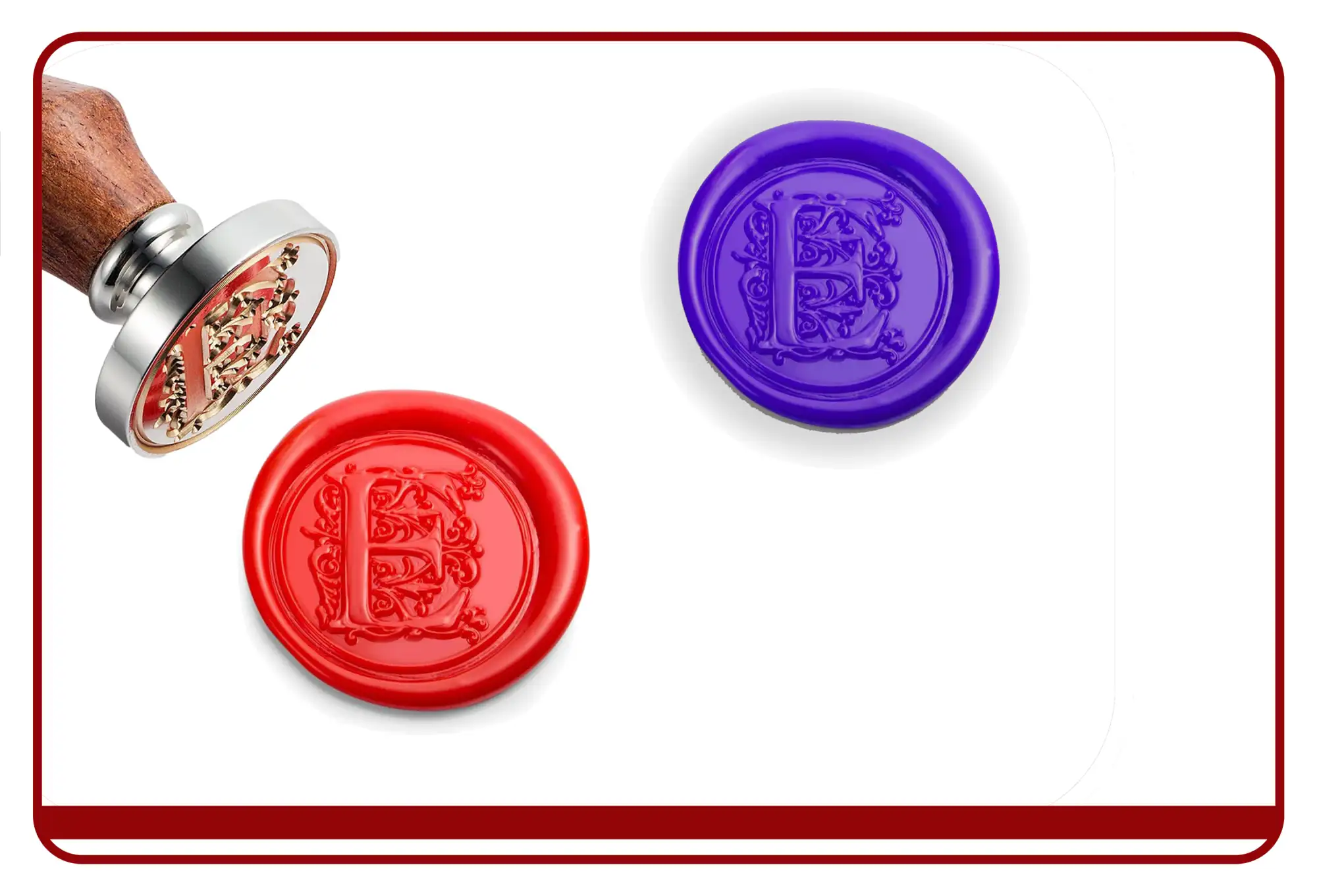 Red and purple wax seal stamp set with intricate floral design, silver accents.