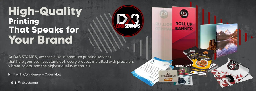 Red roll-up banner with white text and black design elements, made of durable fabric material.