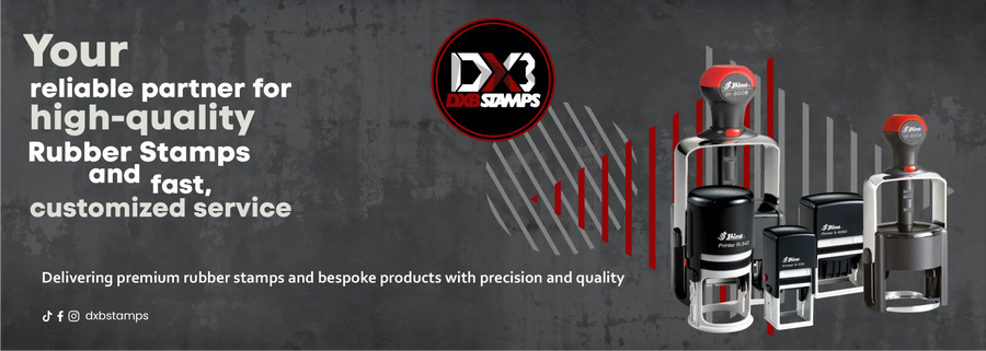 Red rubber stamp with black ink pad and silver accents, dx3 logo.