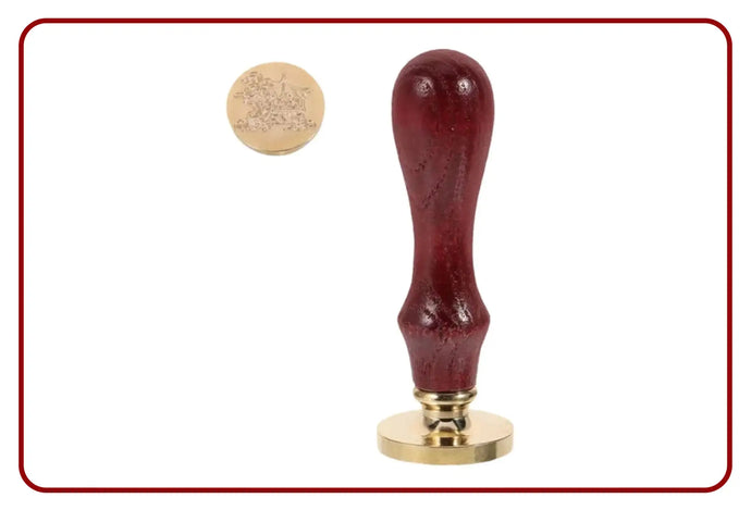 Red wooden handle wax seal stamp with gold base and design