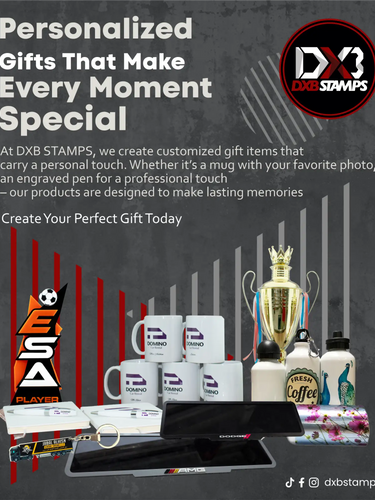 White ceramic mug with blue and red logo design, stack of mugs featuring the same branding.